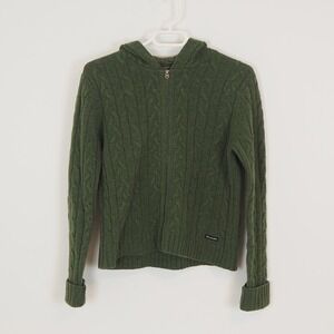 Vintage Abercrombie Fitch Sweater Women's L Cable Knit Green Wool Hooded Zip Y2K